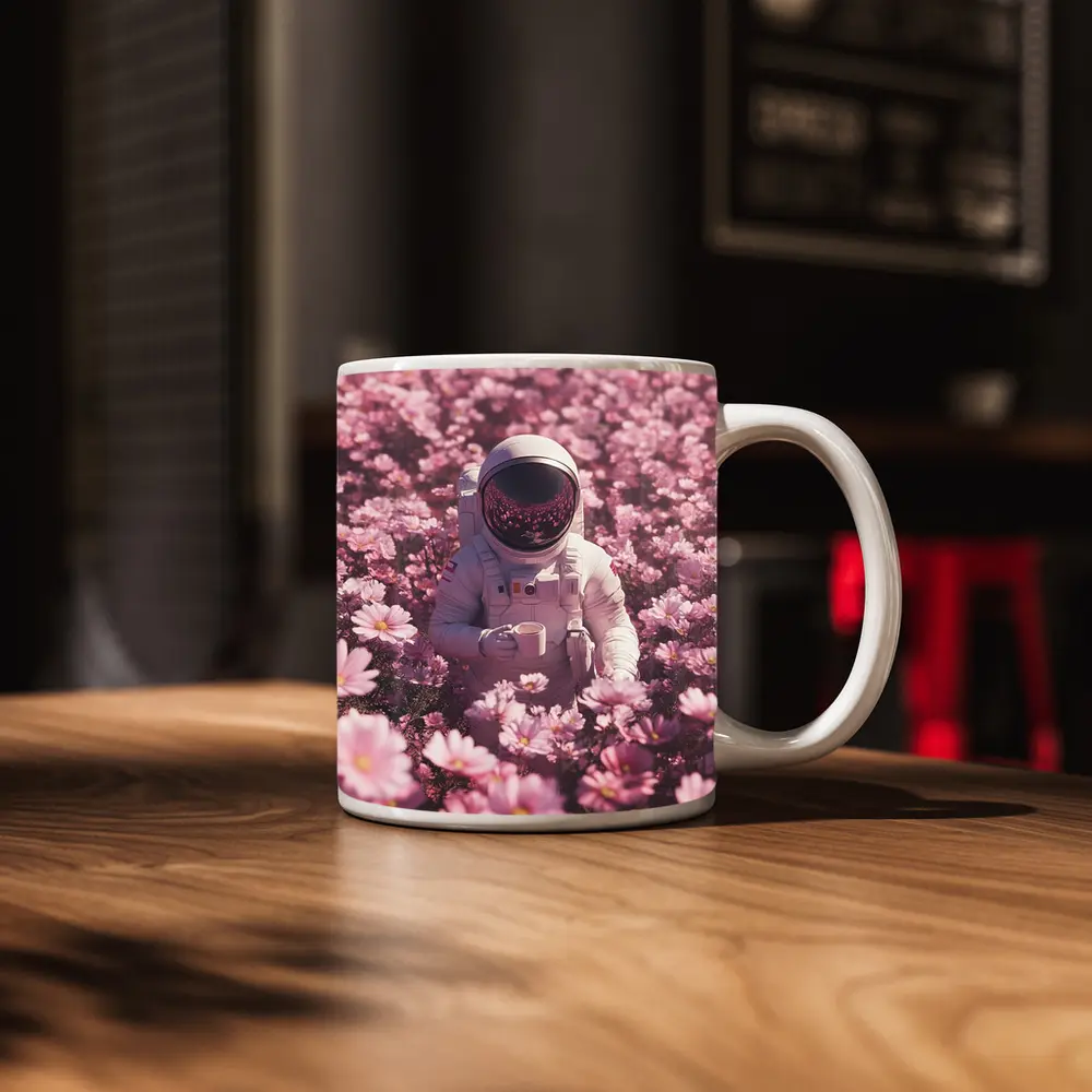 Astronaut Sitting In Pink Flower Field – Mugs