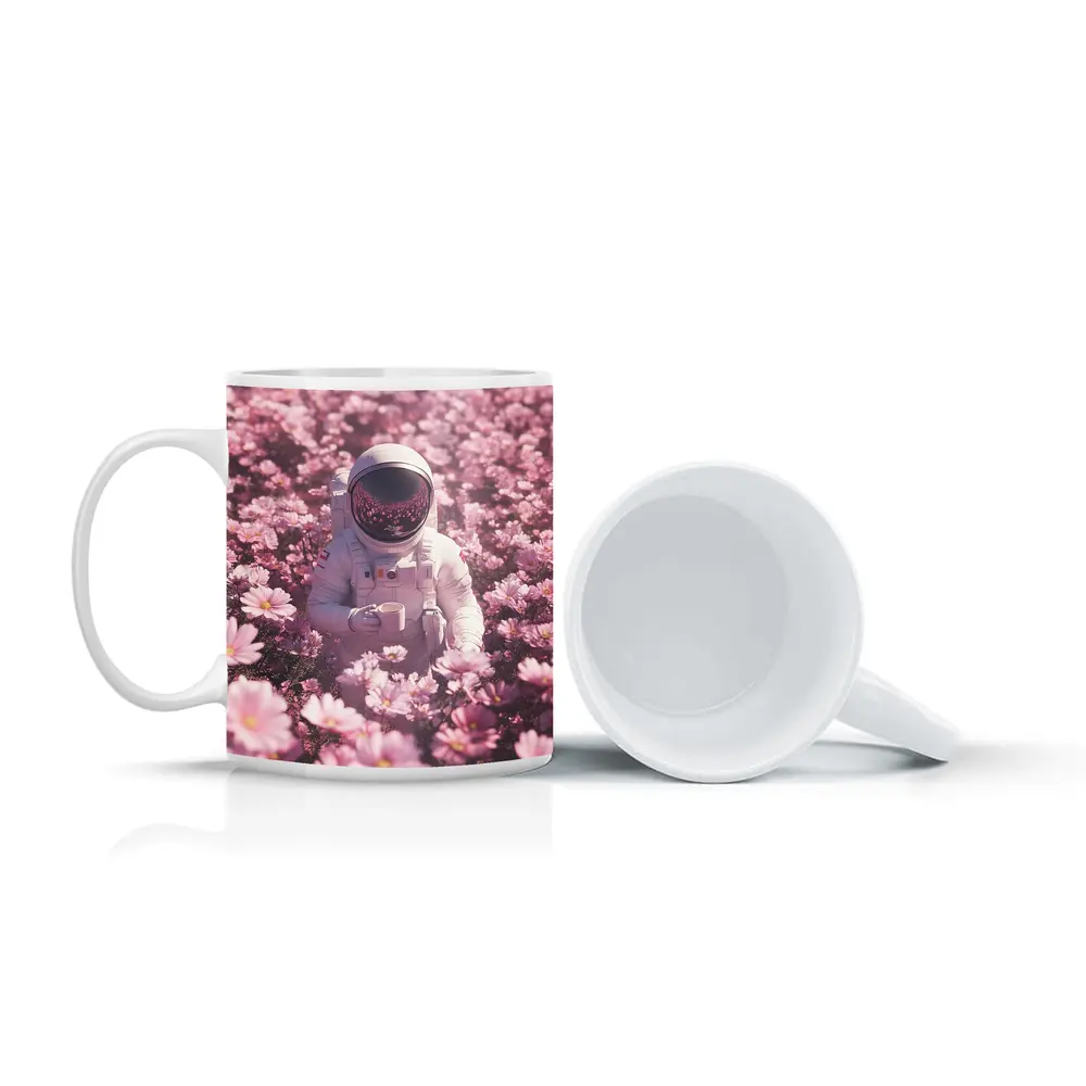 Astronaut Sitting In Pink Flower Field – Mugs