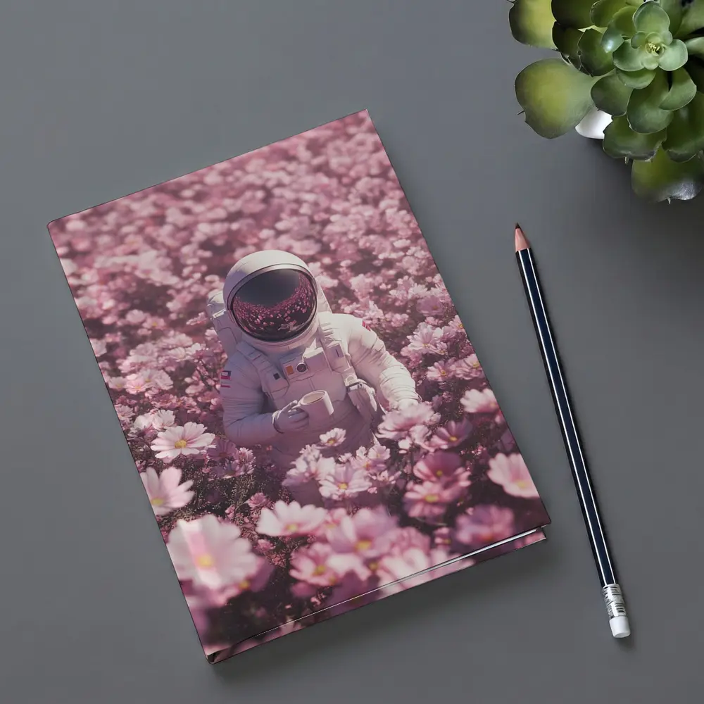 Astronaut Sitting In Pink Flower Field – Notebooks