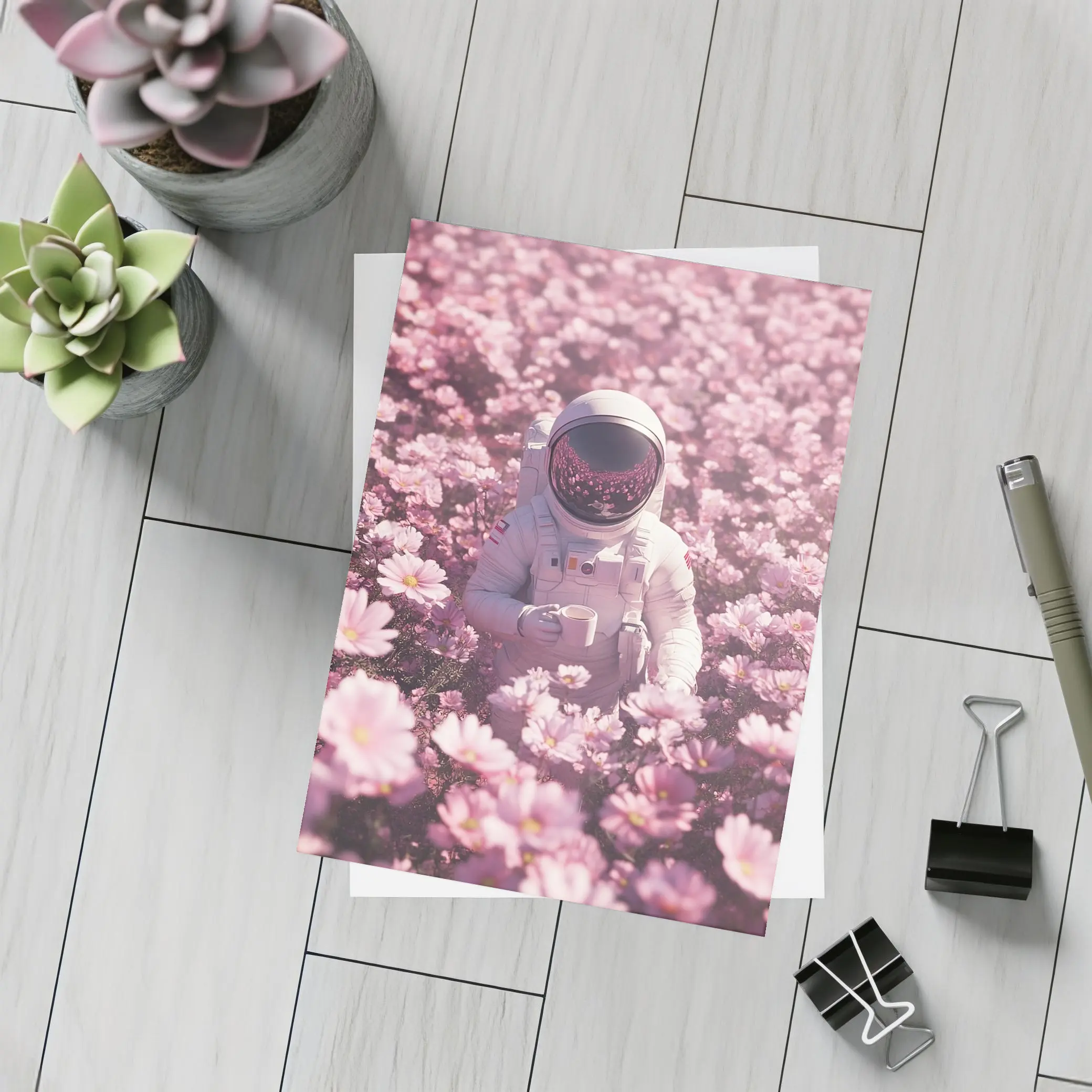 Astronaut Sitting In Pink Flower Field – Postcards