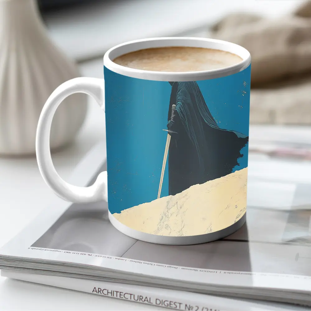 Dark Hooded Figure Sword Desert Dunes – Mugs