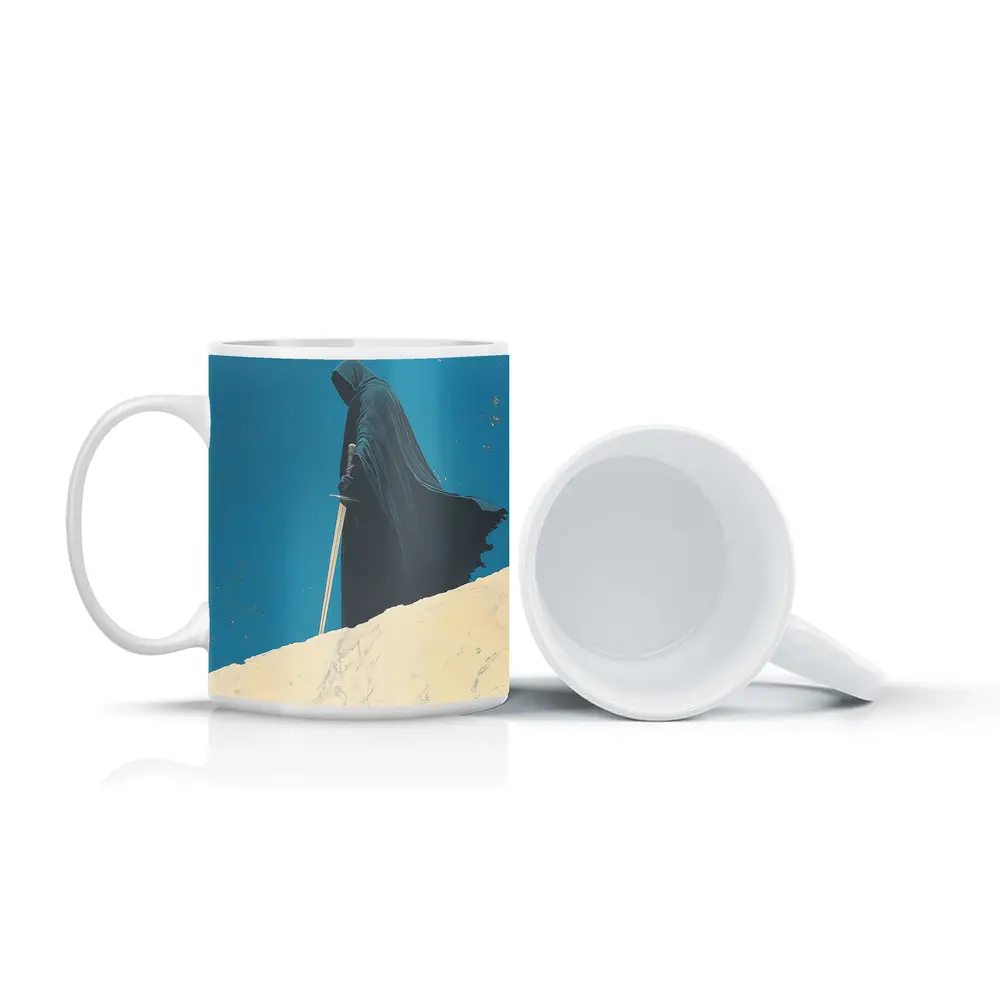Dark Hooded Figure Sword Desert Dunes – Mugs