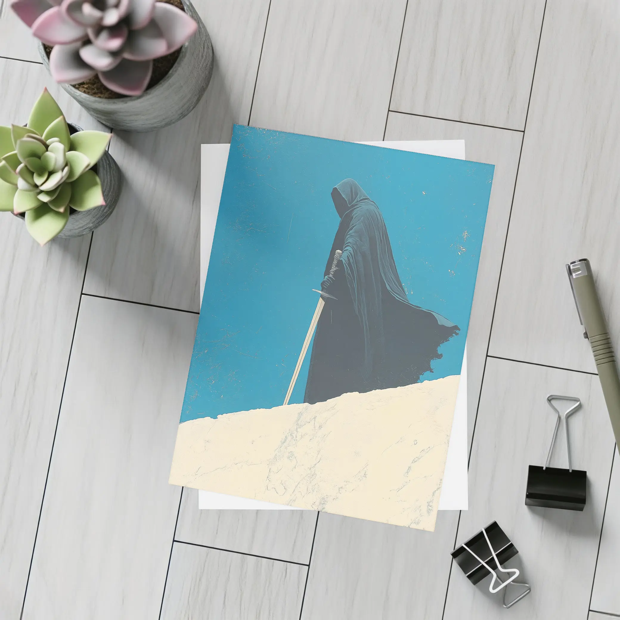 Dark Hooded Figure Sword Desert Dunes – Postcards