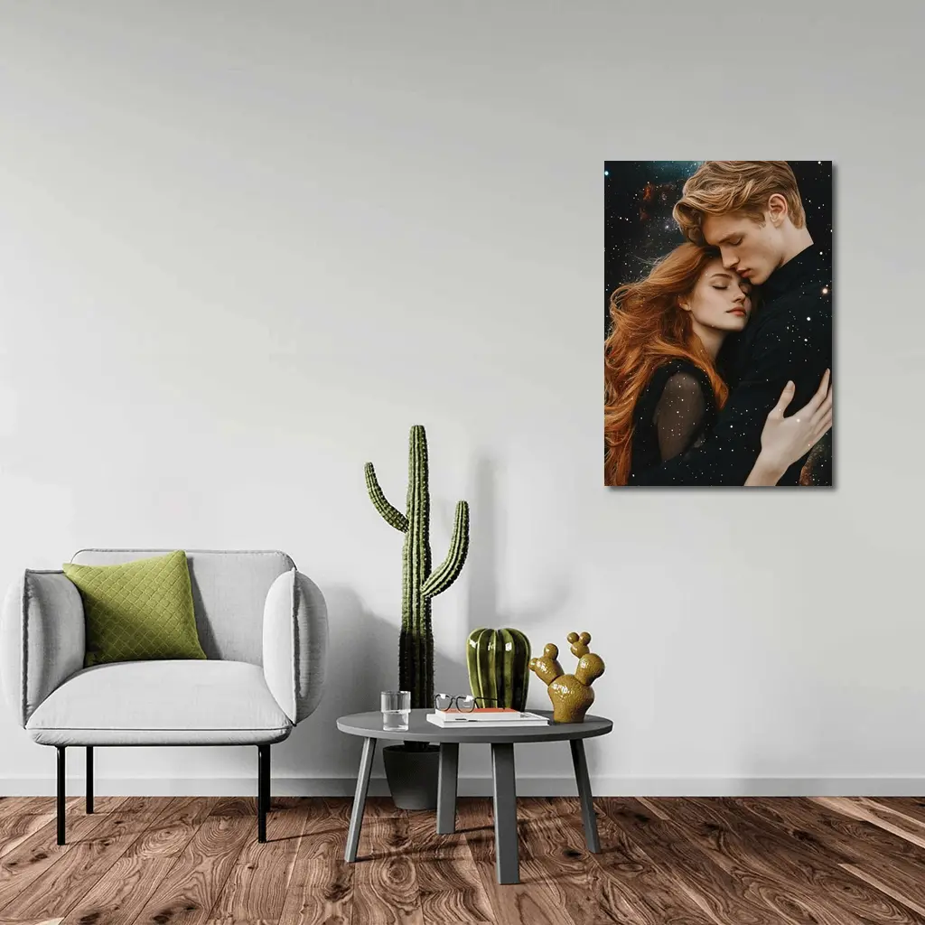 Romantic Couple Embracing Under Galaxy Stars – Wall Art