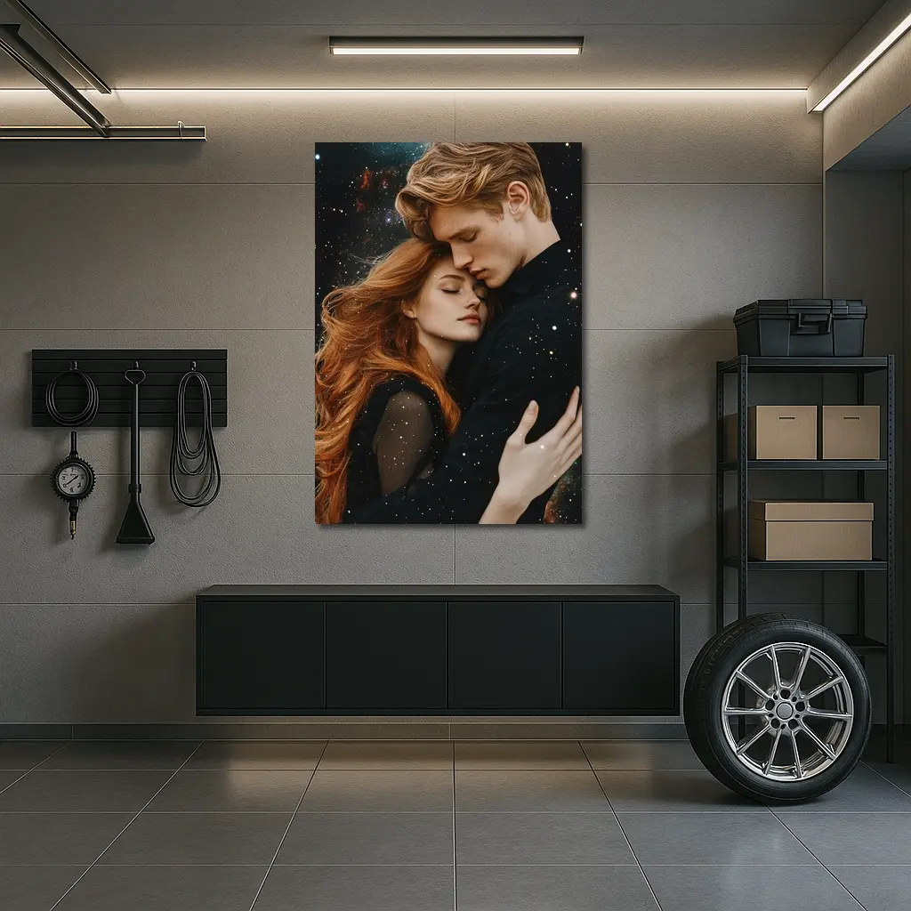 Romantic Couple Embracing Under Galaxy Stars – Wall Art