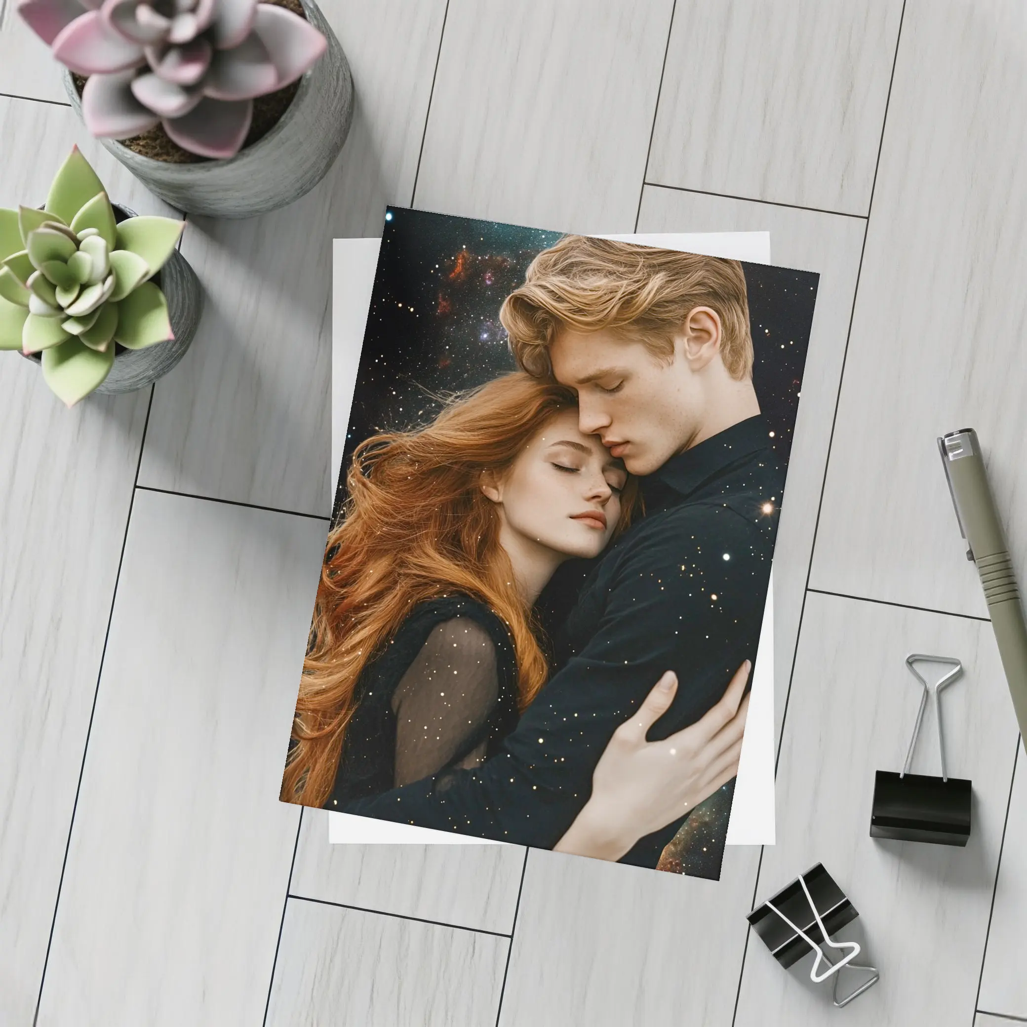 Romantic Couple Embracing Under Galaxy Stars – Postcards