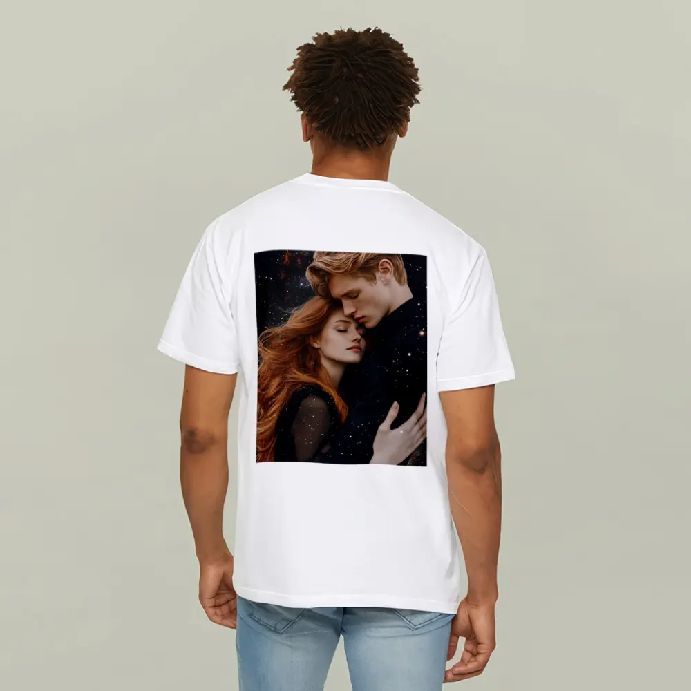 Romantic Couple Embracing Under Galaxy Stars – T-Shirts