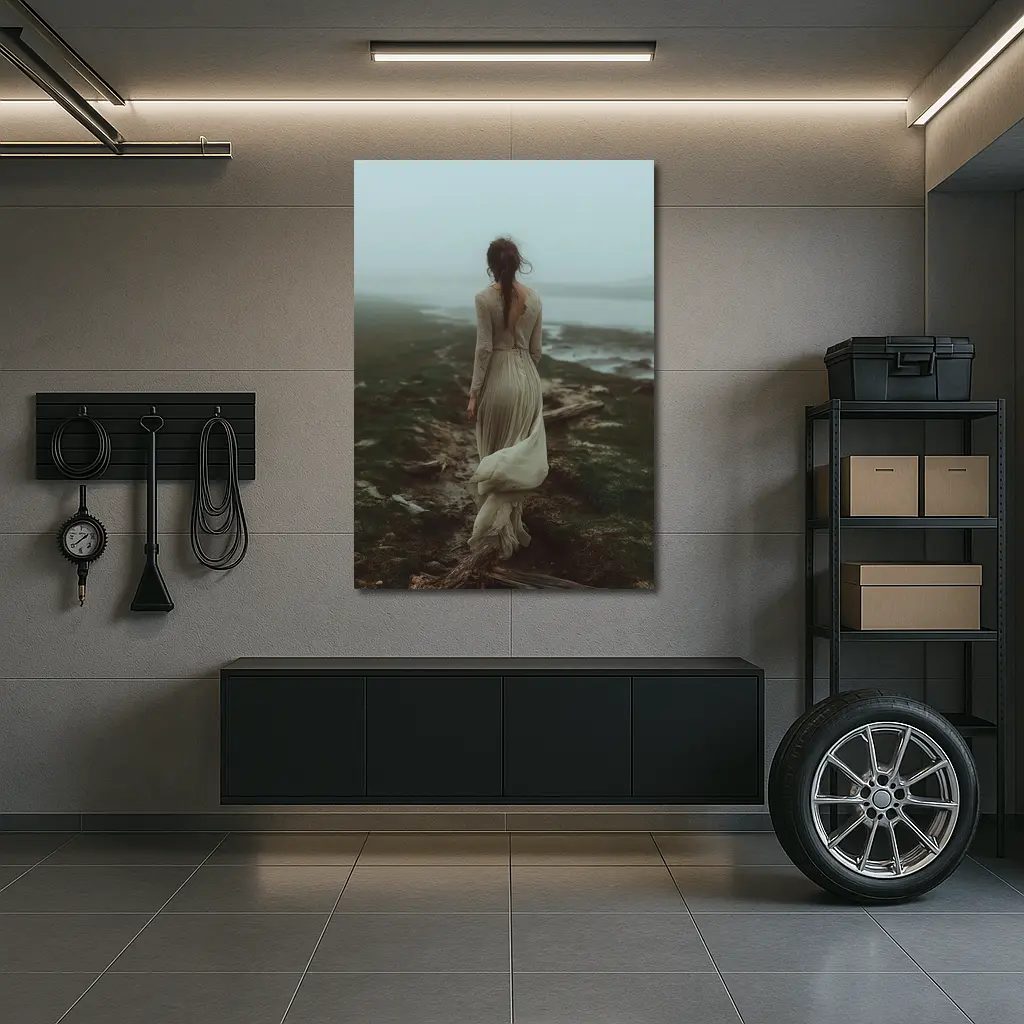 Woman in White Dress Foggy Coastal Landscape – Wall Art