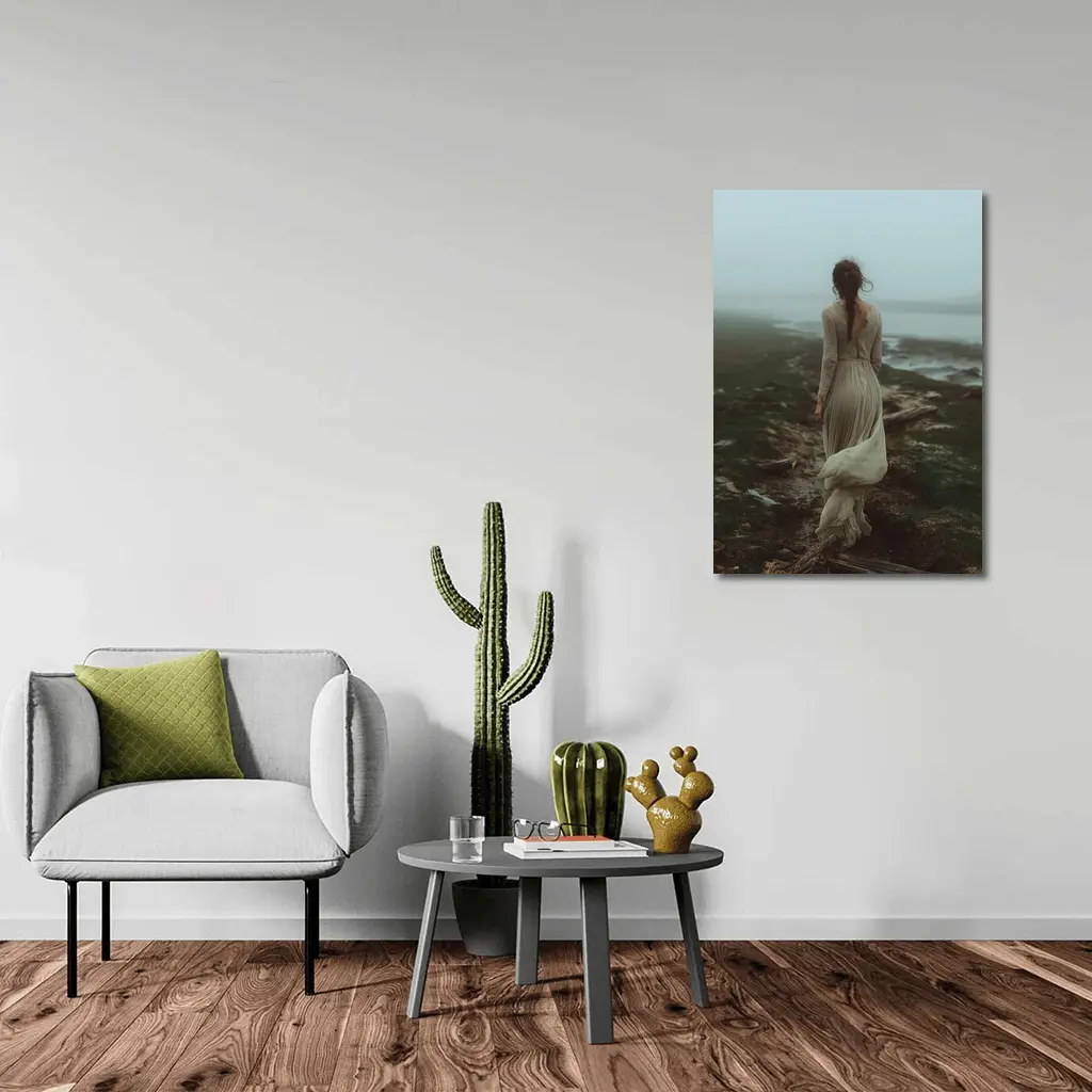 Woman in White Dress Foggy Coastal Landscape – Wall Art