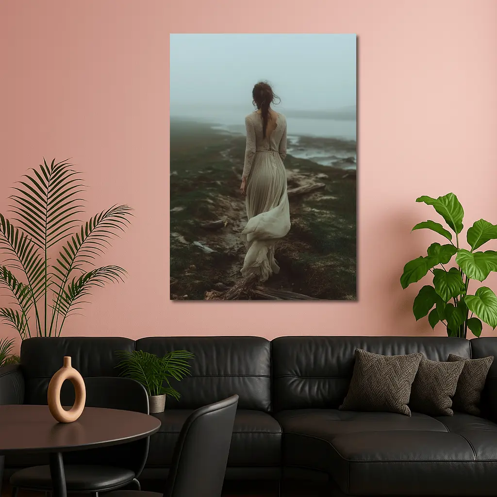 Woman in White Dress Foggy Coastal Landscape – Wall Art