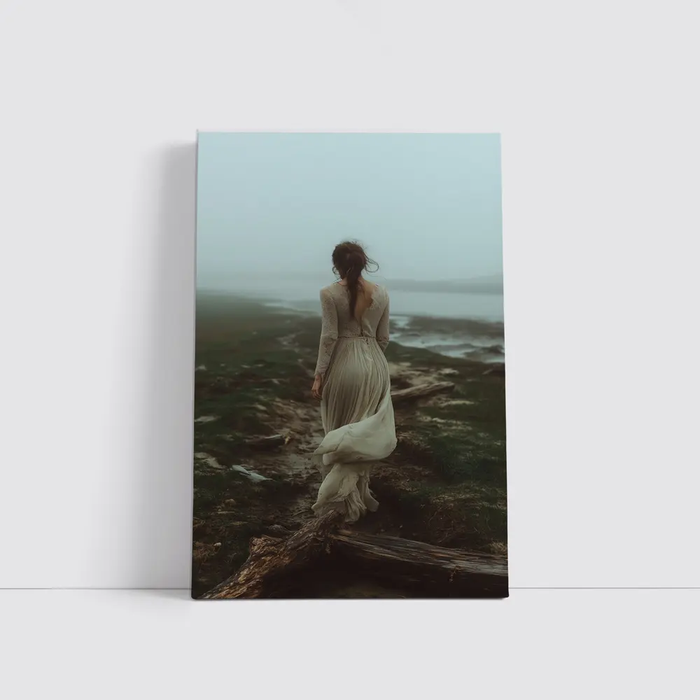 Woman in White Dress Foggy Coastal Landscape – Wall Art