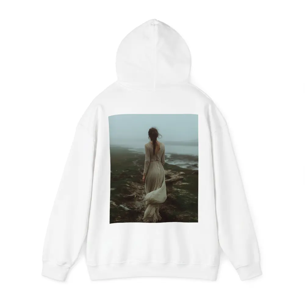 Woman in White Dress Foggy Coastal Landscape – Hoodies