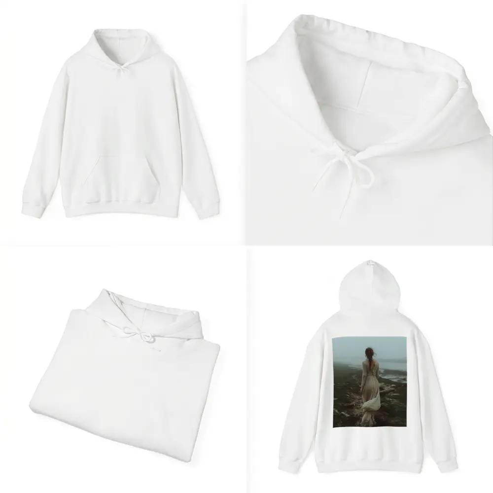 Woman in White Dress Foggy Coastal Landscape – Hoodies