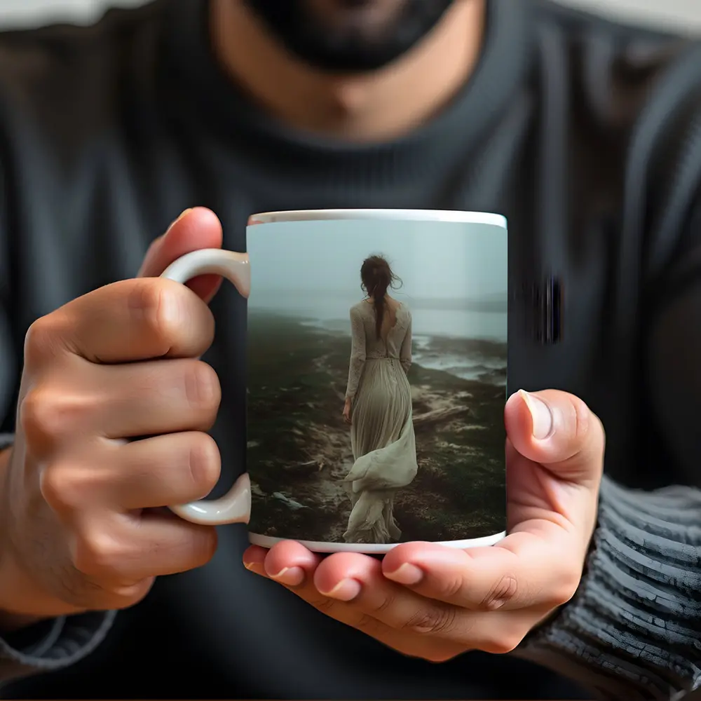 Woman in White Dress Foggy Coastal Landscape – Mugs