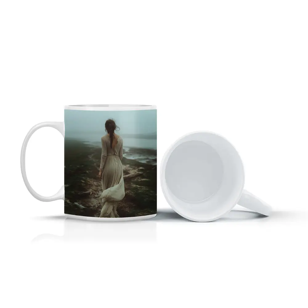 Woman in White Dress Foggy Coastal Landscape – Mugs