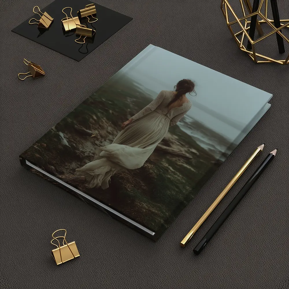 Woman in White Dress Foggy Coastal Landscape – Notebooks