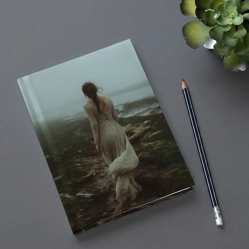 Woman in White Dress Foggy Coastal Landscape – Notebooks