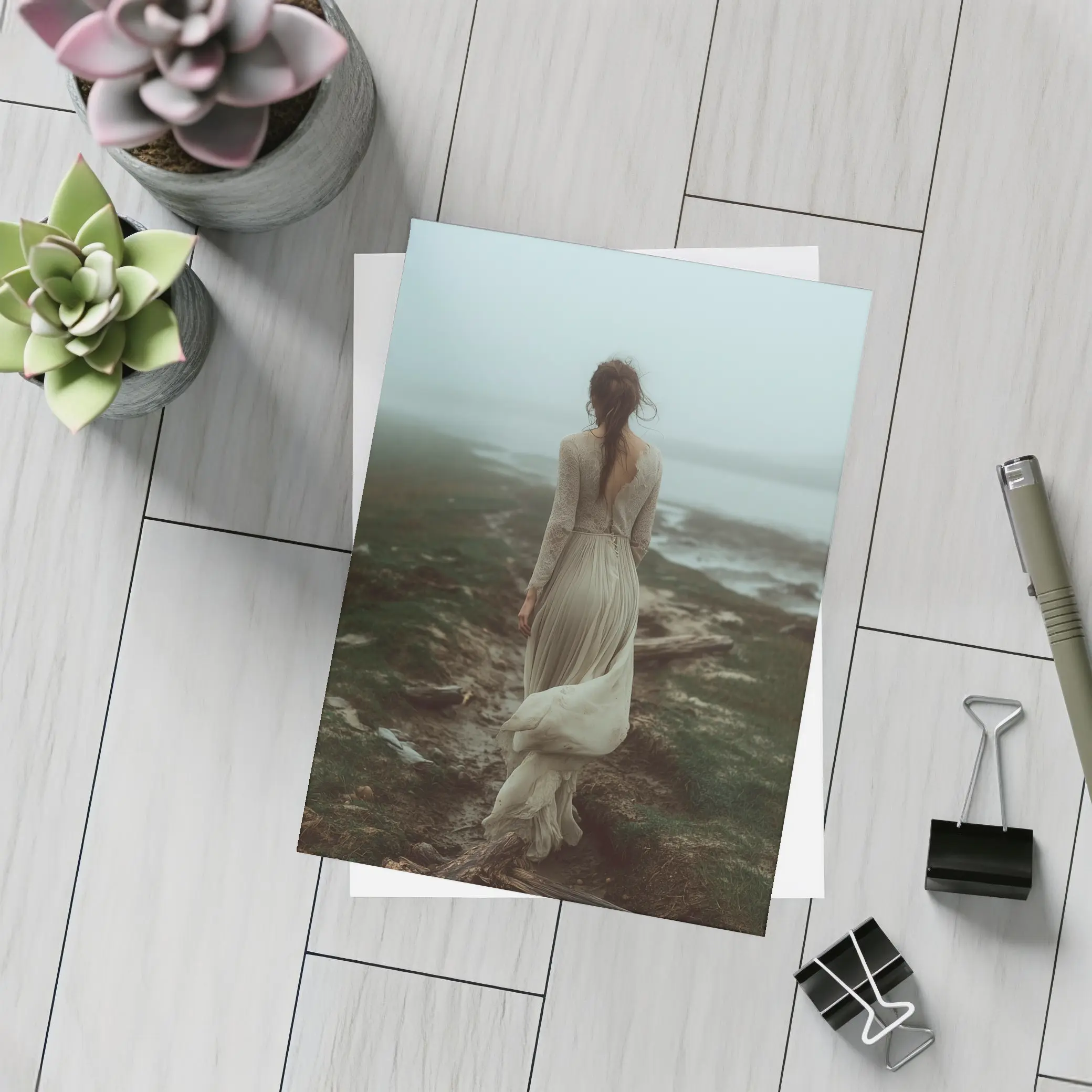 Woman in White Dress Foggy Coastal Landscape – Postcards