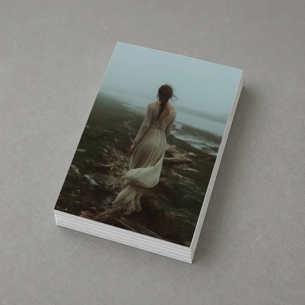 Woman in White Dress Foggy Coastal Landscape – Postcards