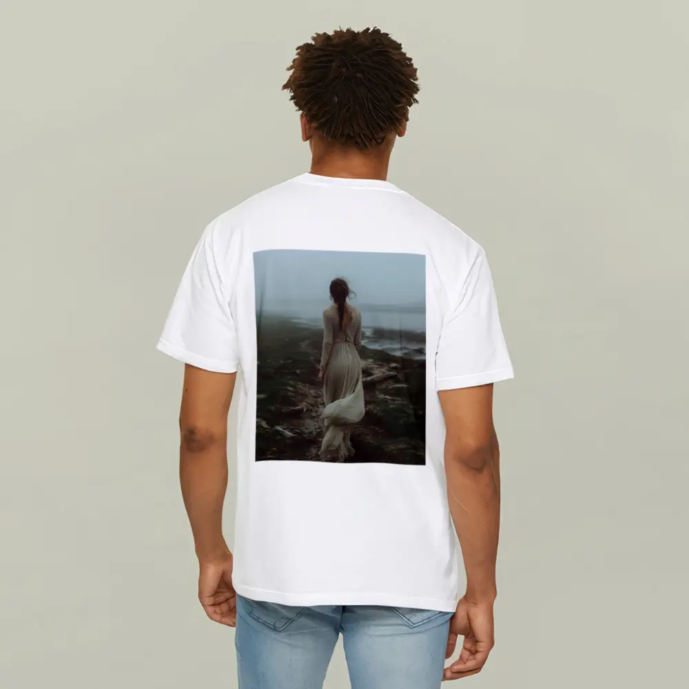 Woman in White Dress Foggy Coastal Landscape – T-Shirts
