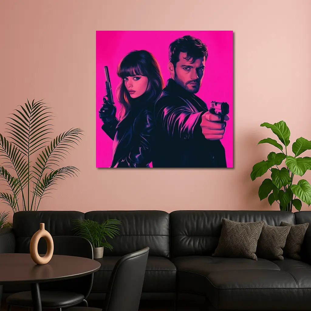 Man and Woman Agents Pink Neon Background – Wall Art