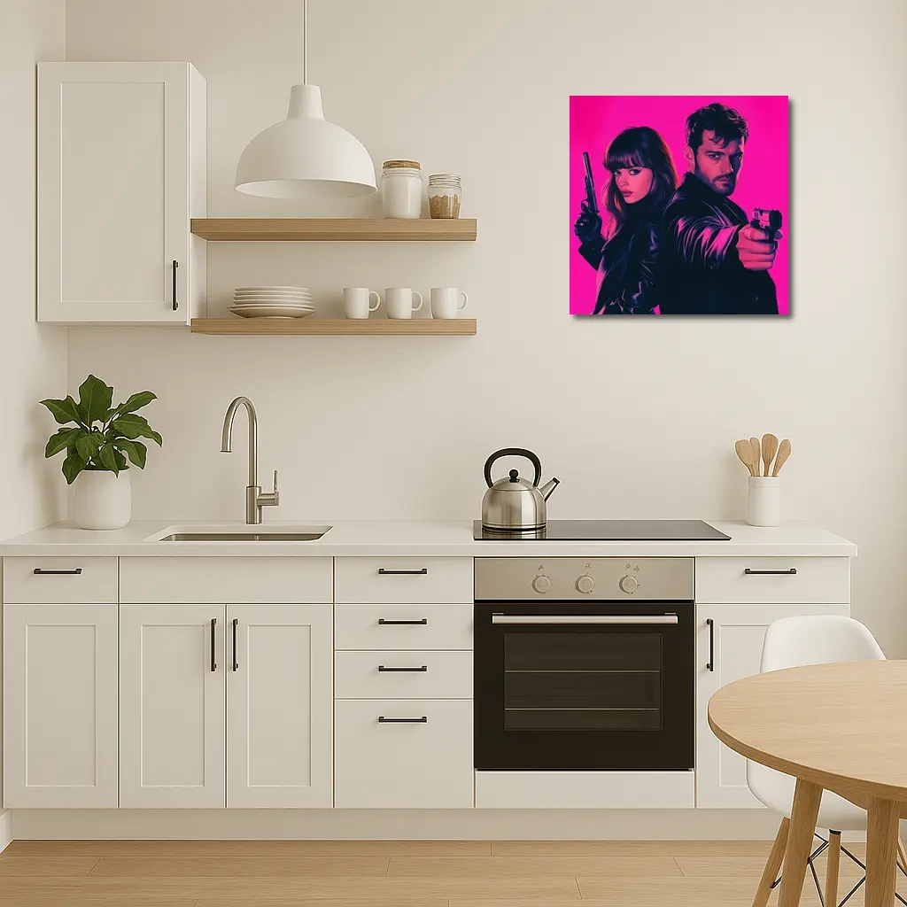 Man and Woman Agents Pink Neon Background – Wall Art