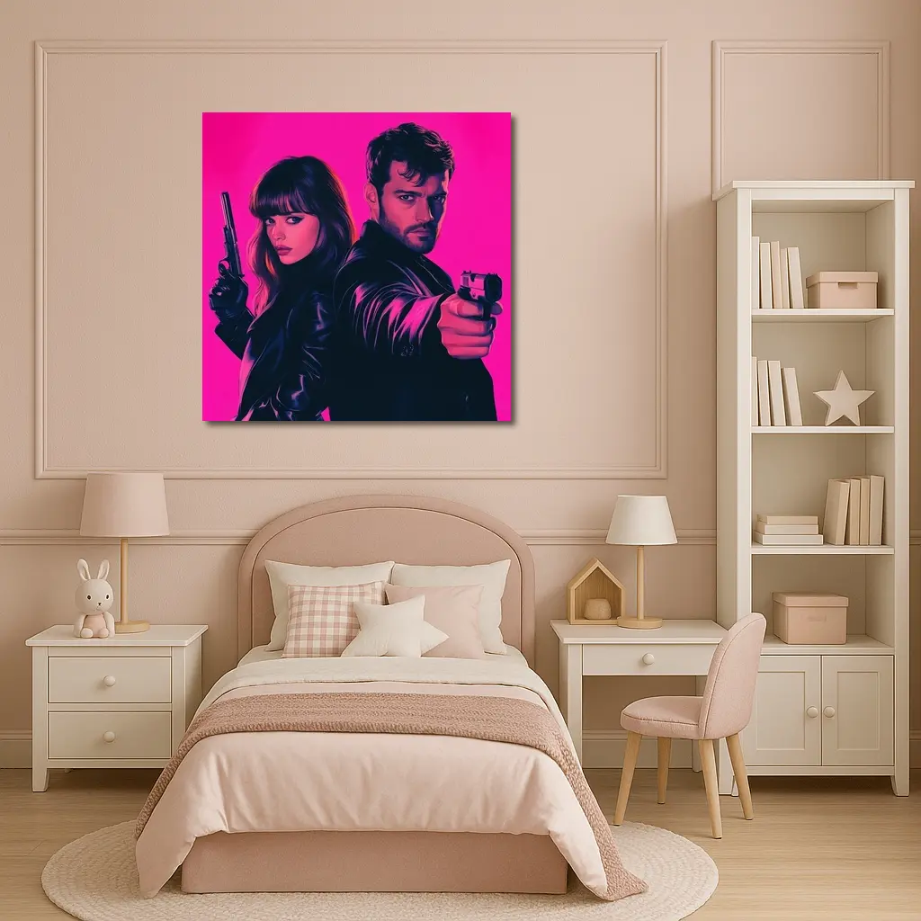 Man and Woman Agents Pink Neon Background – Wall Art