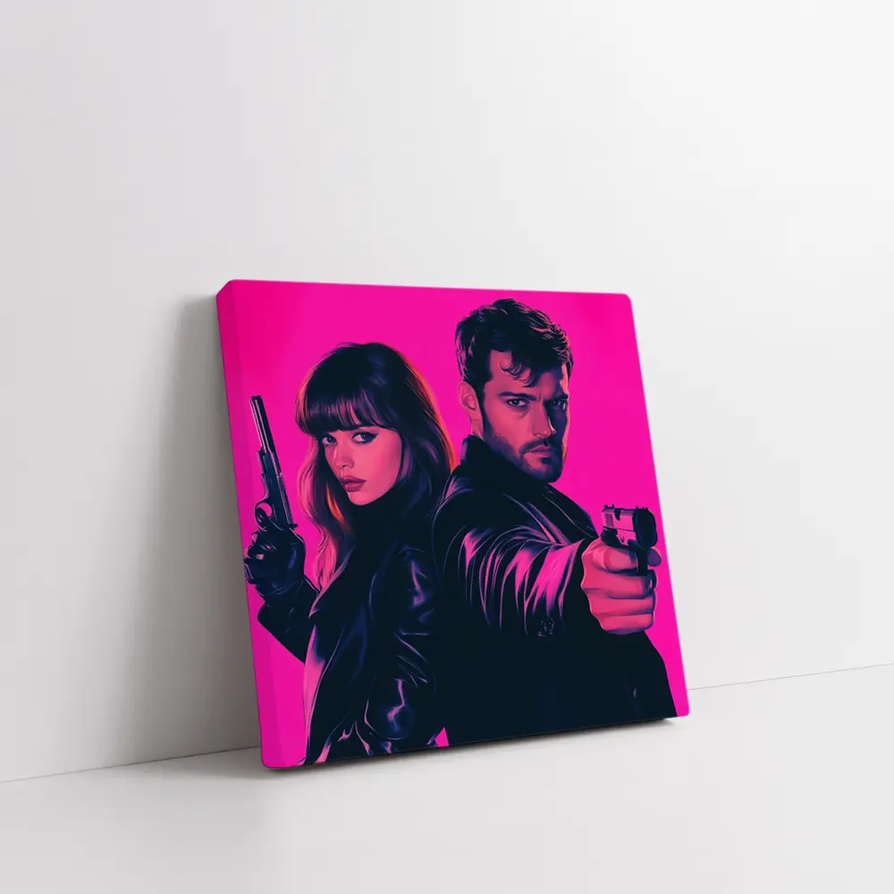 Man and Woman Agents Pink Neon Background – Wall Art