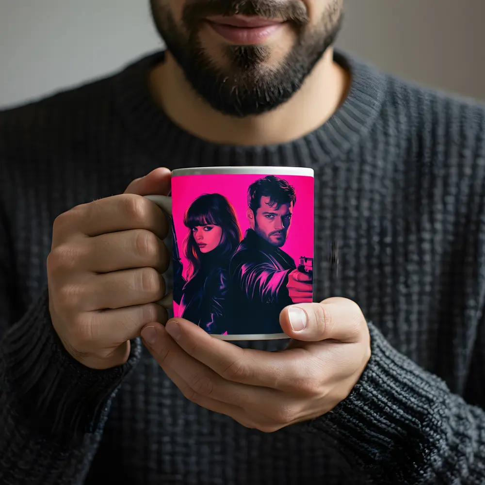 Man and Woman Agents Pink Neon Background – Mugs