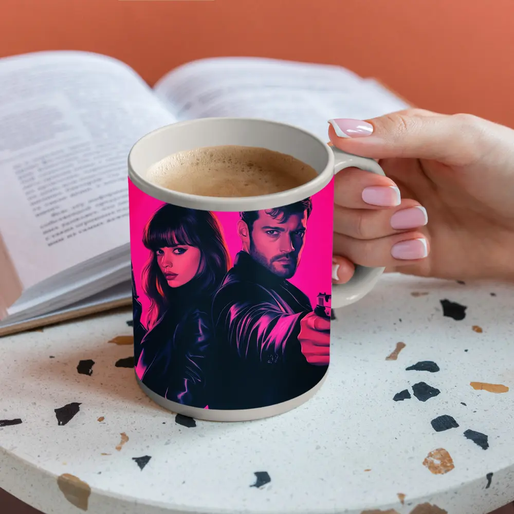 Man and Woman Agents Pink Neon Background – Mugs