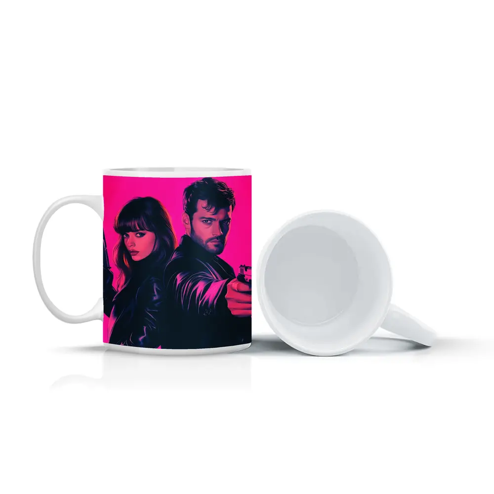 Man and Woman Agents Pink Neon Background – Mugs