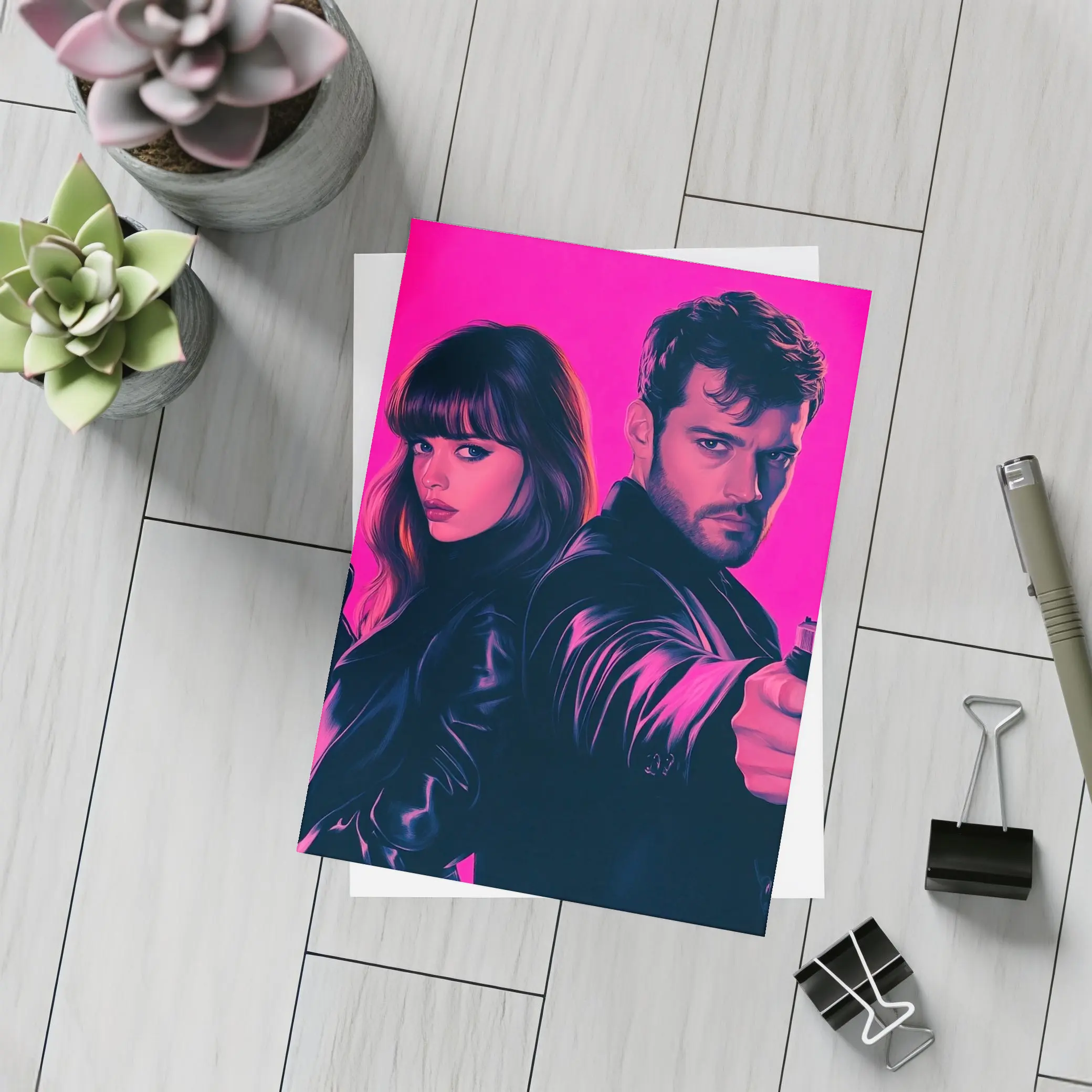 Man and Woman Agents Pink Neon Background – Postcards