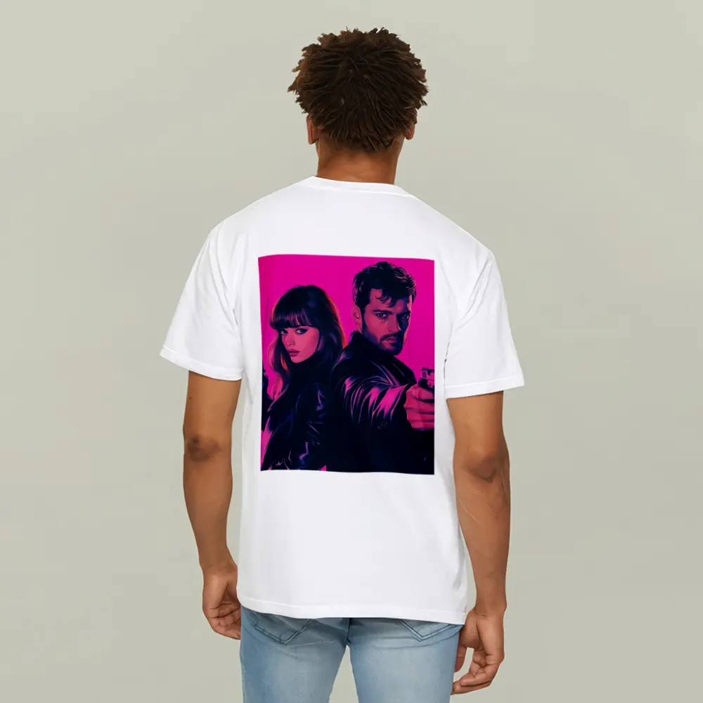 Man and Woman Agents Pink Neon Background – T-Shirts