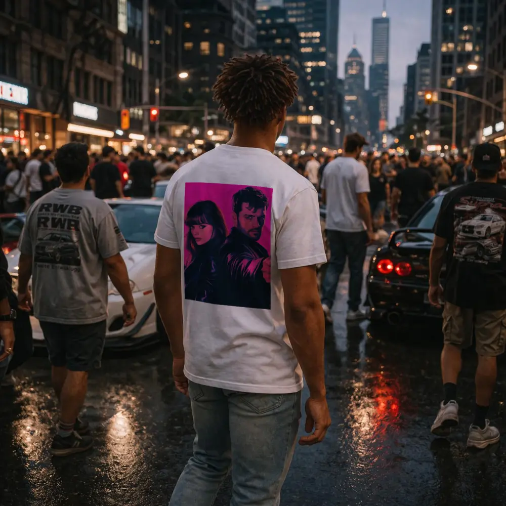 Man and Woman Agents Pink Neon Background – T-Shirts