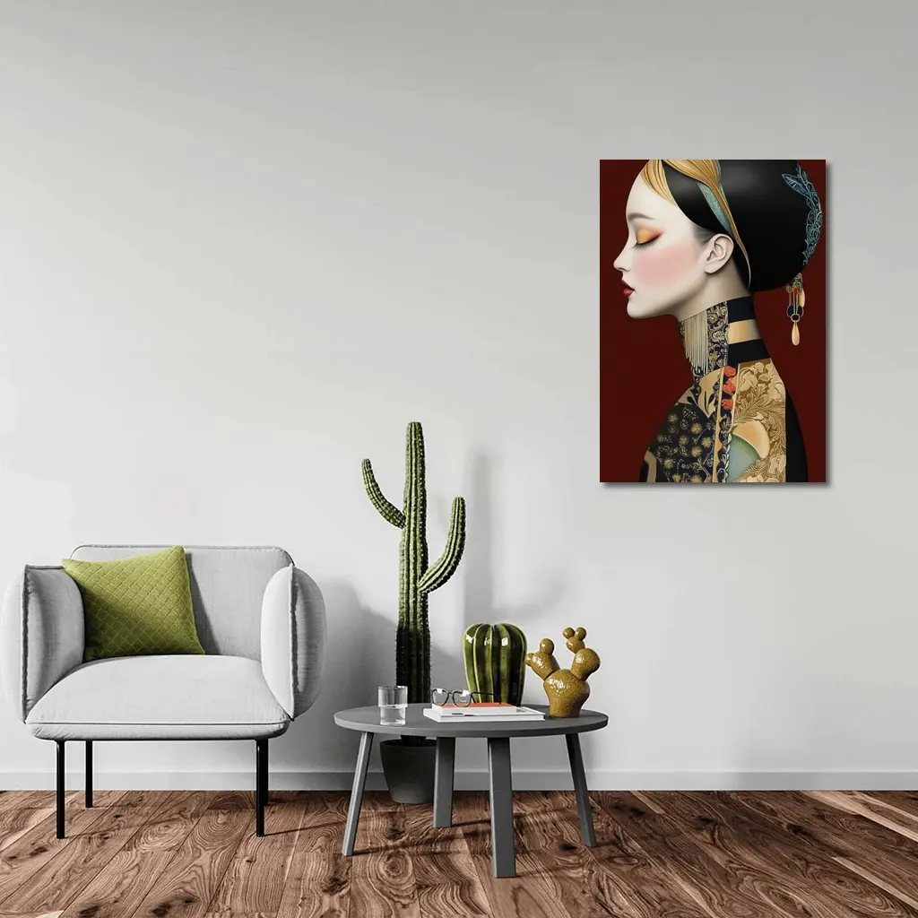 Asian Woman Portrait Illustration Dark Red Background – Wall Art