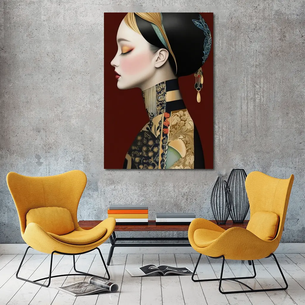 Asian Woman Portrait Illustration Dark Red Background – Wall Art