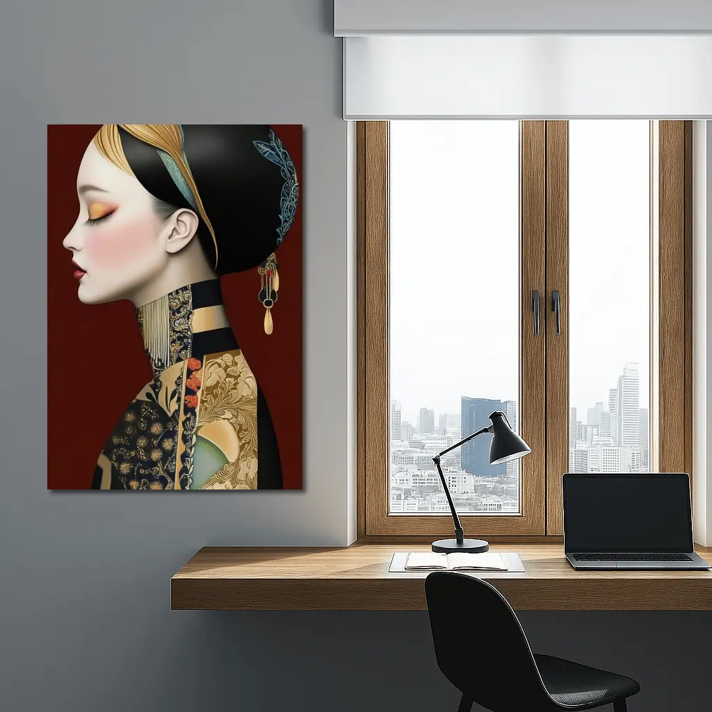 Asian Woman Portrait Illustration Dark Red Background – Wall Art