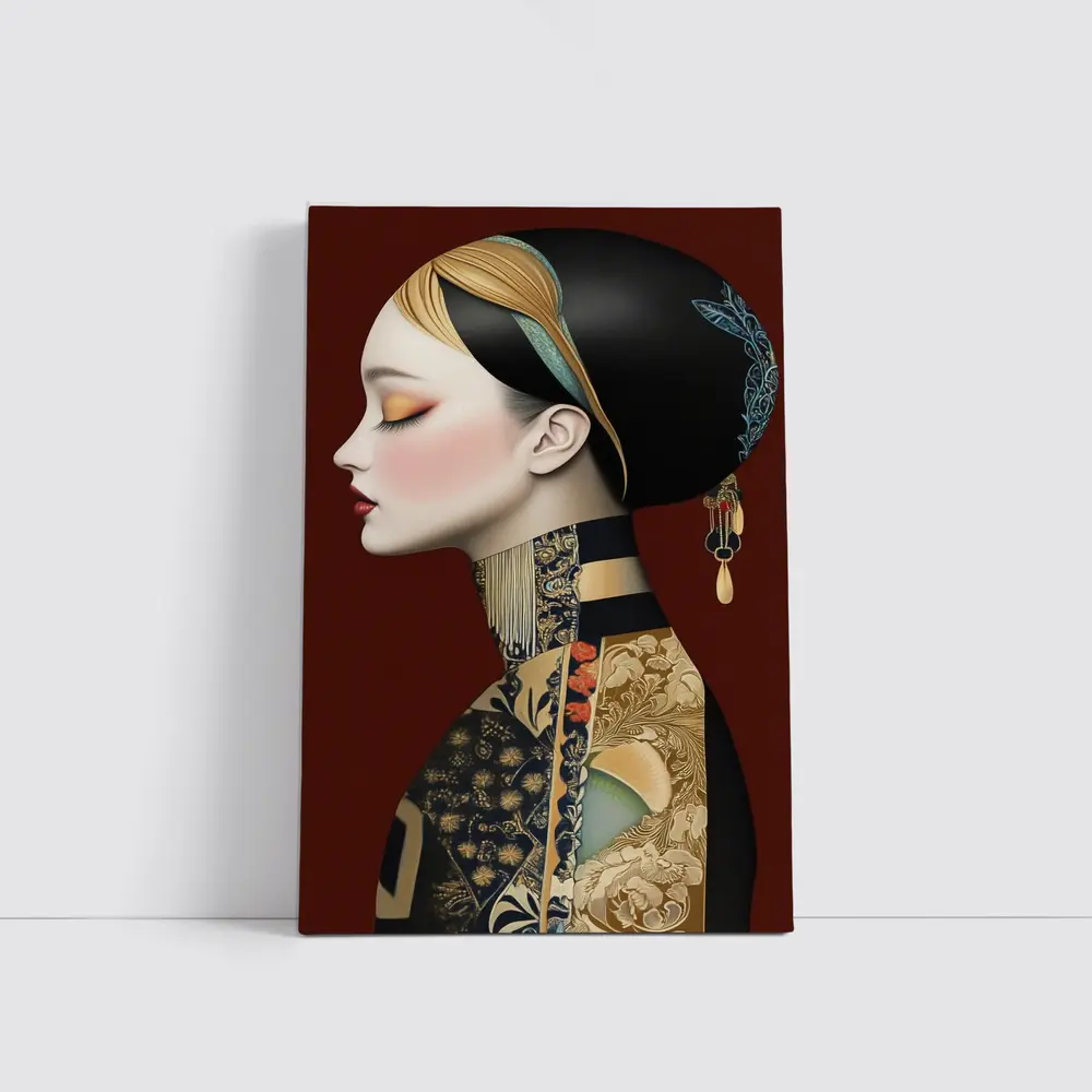 Asian Woman Portrait Illustration Dark Red Background – Wall Art