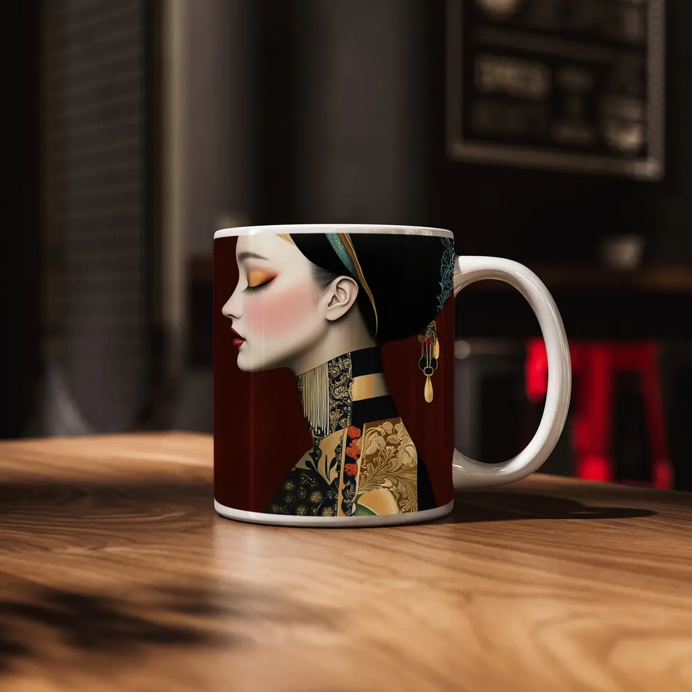 Asian Woman Portrait Illustration Dark Red Background – Mugs