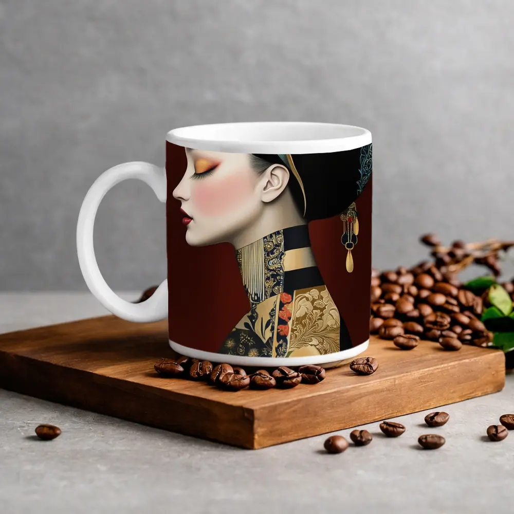 Asian Woman Portrait Illustration Dark Red Background – Mugs