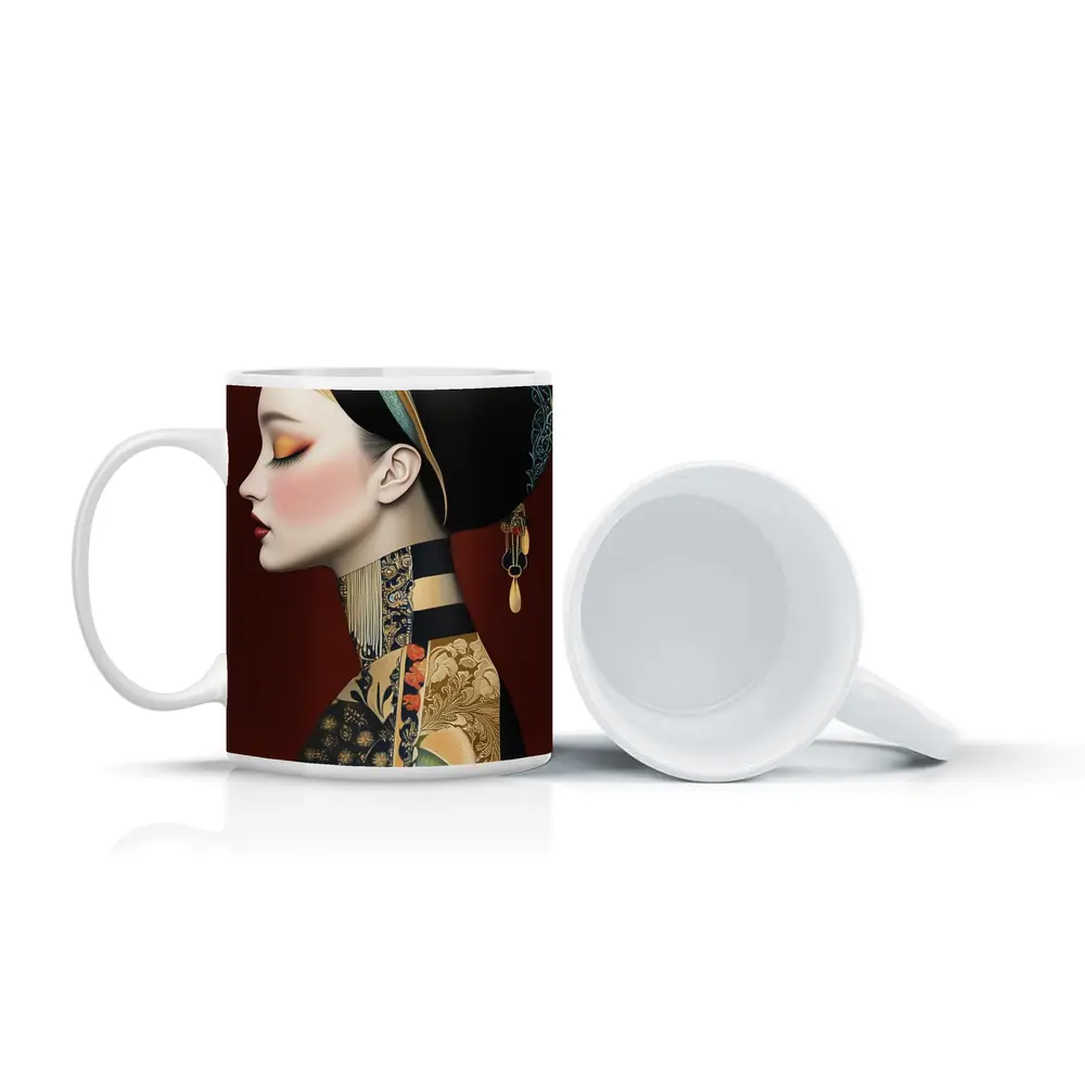 Asian Woman Portrait Illustration Dark Red Background – Mugs