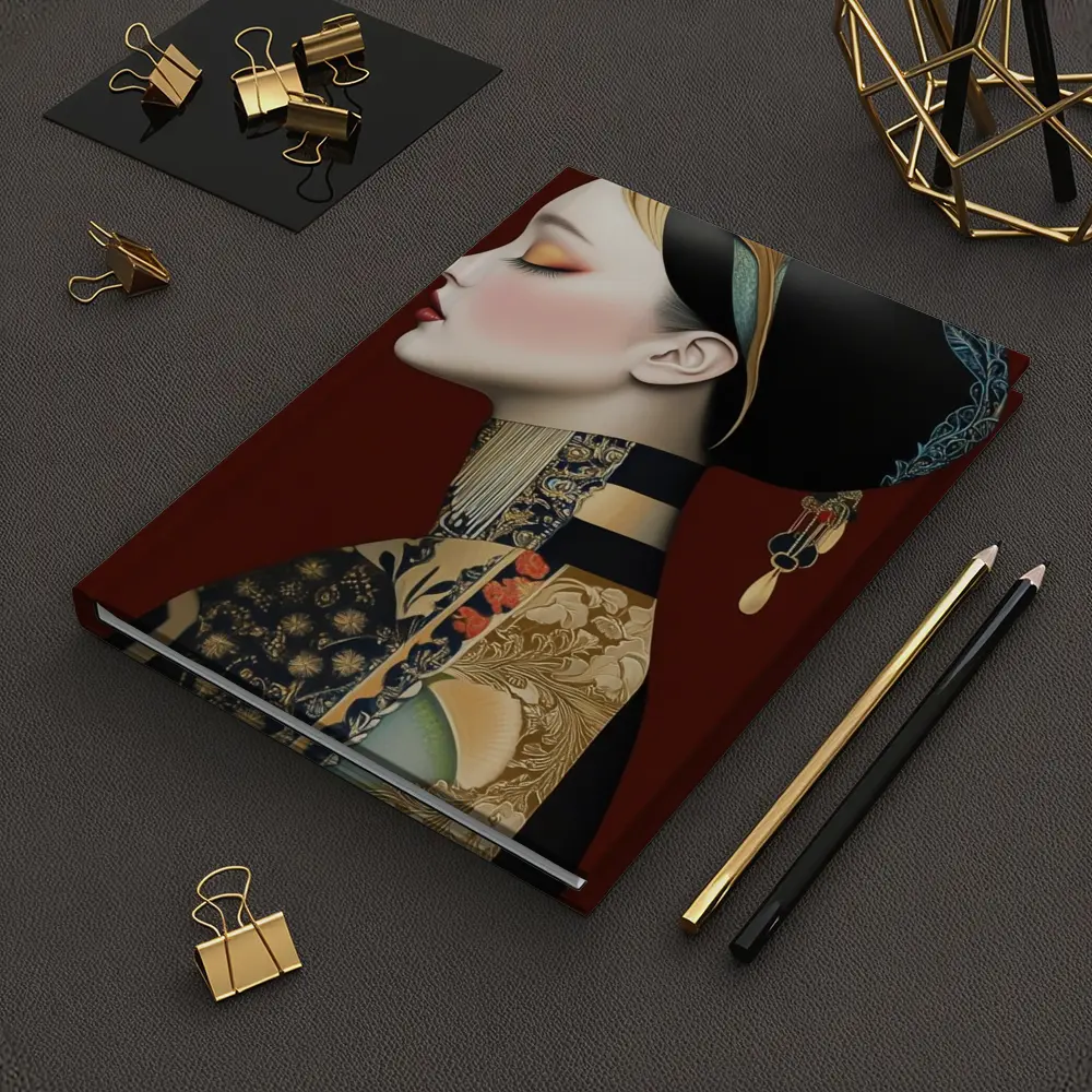 Asian Woman Portrait Illustration Dark Red Background – Notebooks