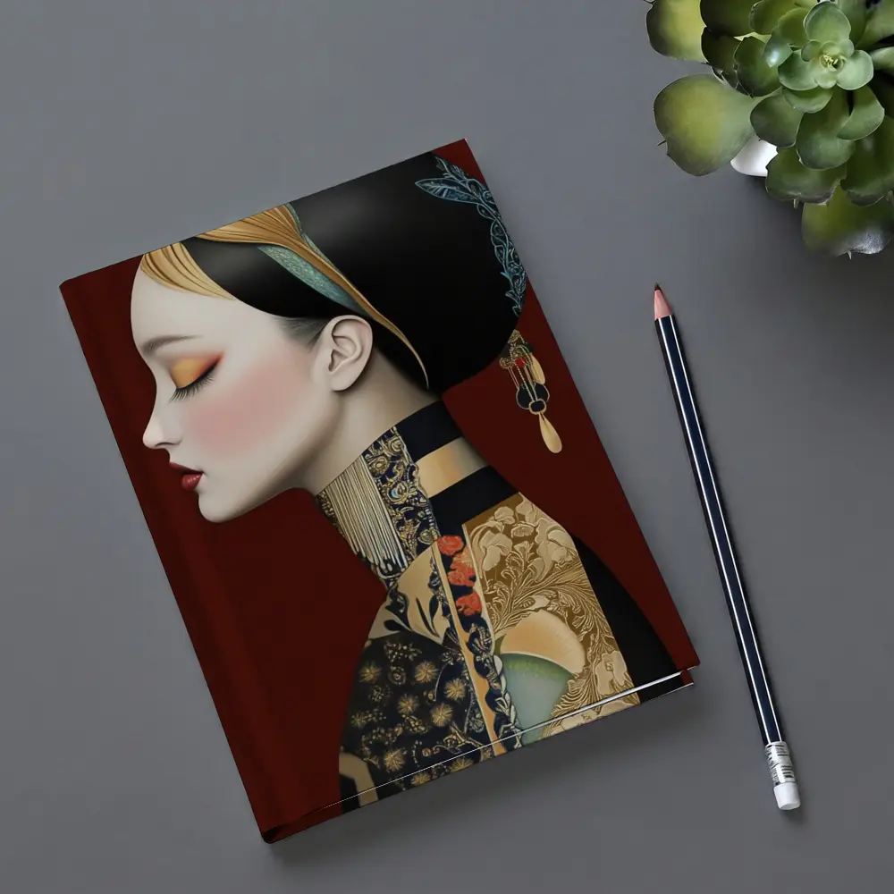 Asian Woman Portrait Illustration Dark Red Background – Notebooks
