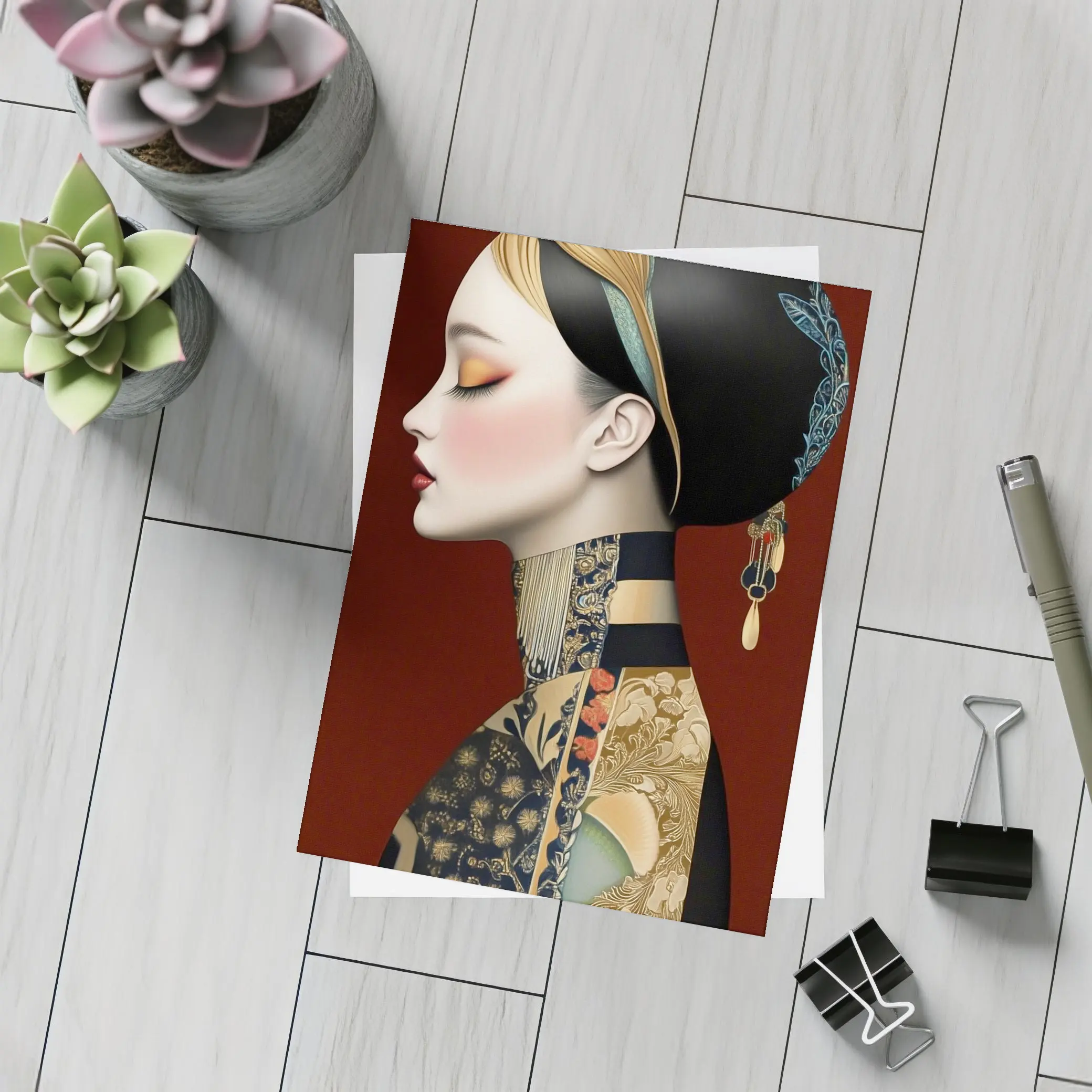 Asian Woman Portrait Illustration Dark Red Background – Postcards