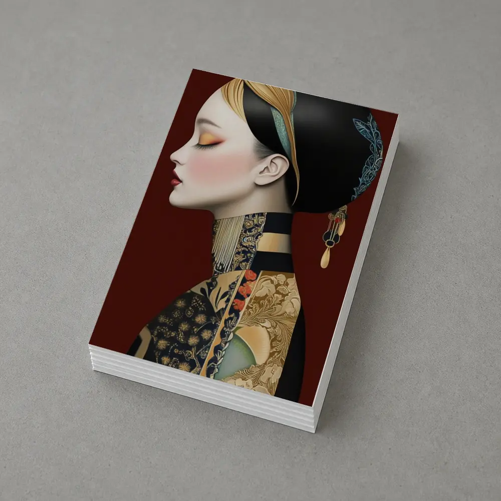 Asian Woman Portrait Illustration Dark Red Background – Postcards
