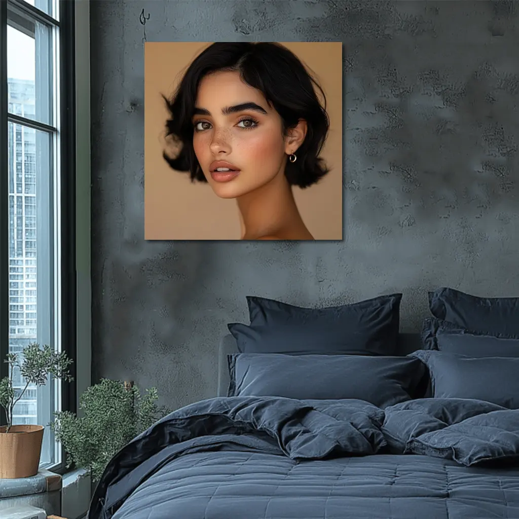 Young Woman Portrait Beige Neutral Background – Wall Art