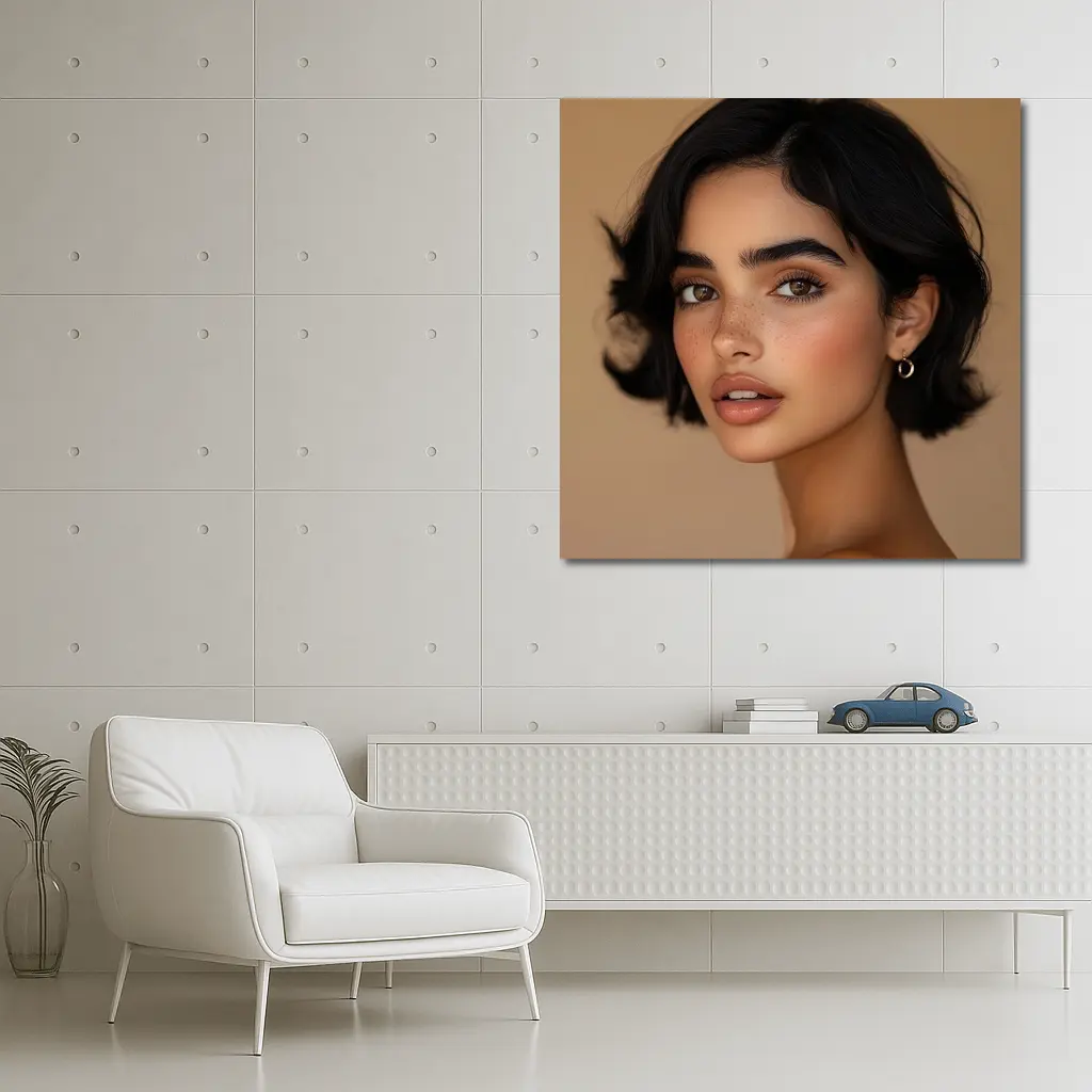 Young Woman Portrait Beige Neutral Background – Wall Art