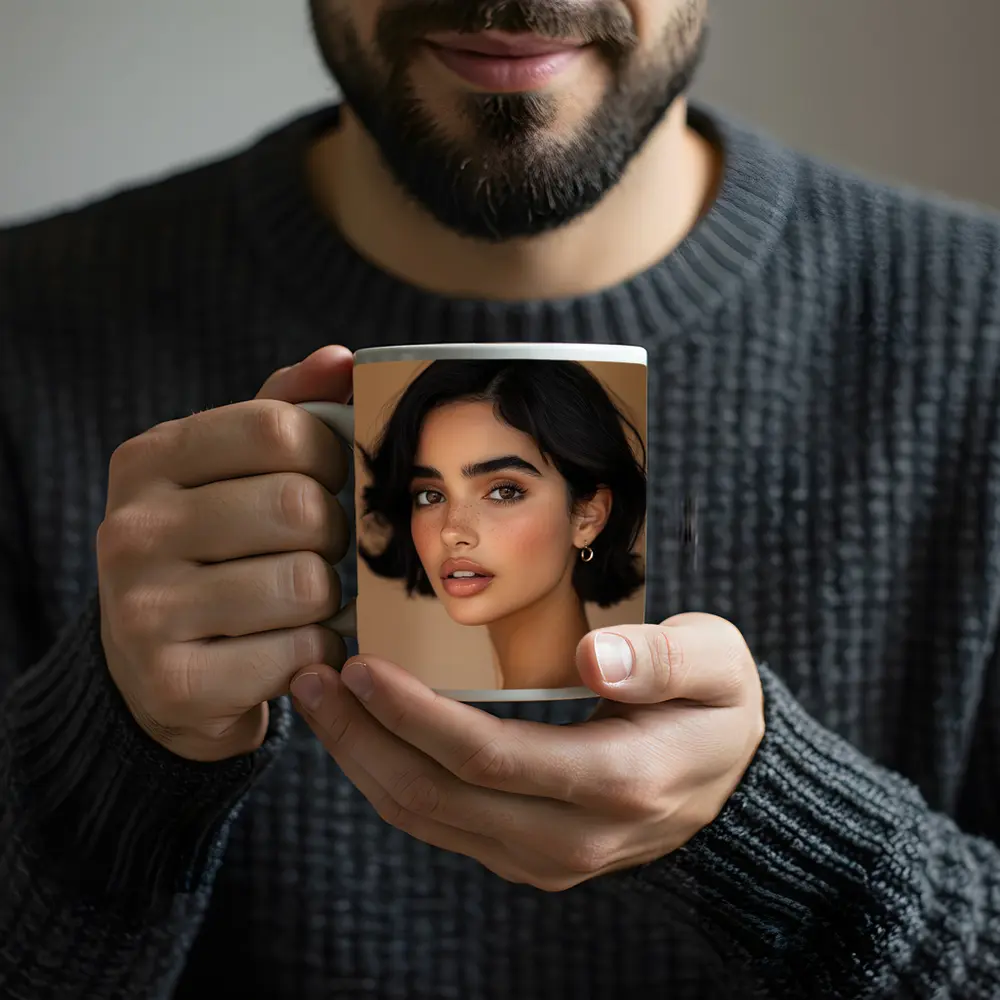 Young Woman Portrait Beige Neutral Background – Mugs