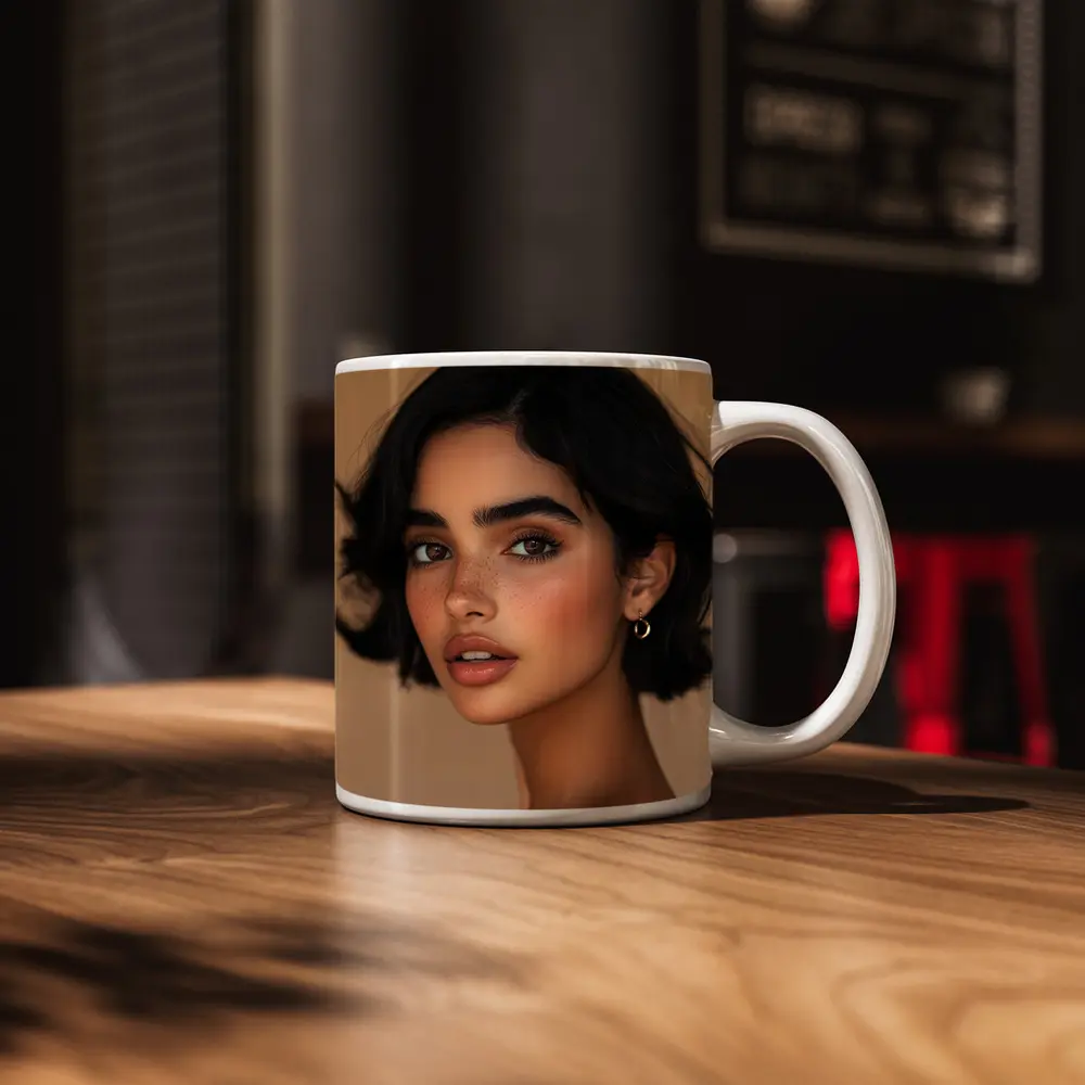 Young Woman Portrait Beige Neutral Background – Mugs