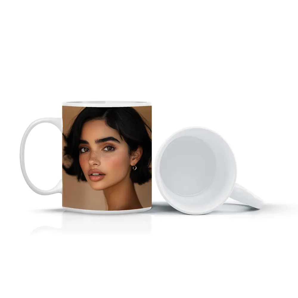Young Woman Portrait Beige Neutral Background – Mugs
